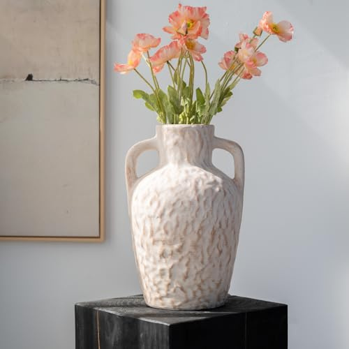 Relexome Jarra grande de cerámica rústica beige con 2 asas, jarrón de textura de cerámica de terracota vintage de 13.4 pulgadas de alto, decoración de mesa de sala de estar, regalo para mujeres y