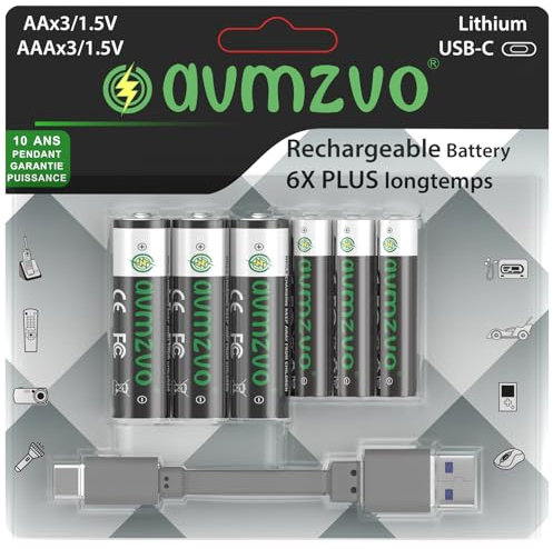 avmzvo Lot de 6 Piles AA AAA au Lithium 1,5 V 3400 mWh AA 1,5 V 1100 mWh AAA 3 pièces USB-C Rechargeables avec câble de Charge USB-C 2 en 1