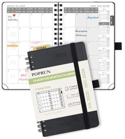 POPRUN Kalender 2025 2026 Monatsplaner 16 x 10,5 cm - 18 Monate Monatskalender Ringbuch A6 (Jul.2025-Dez.2026) - 1 Monat 4 Seiten, Softcover mit PU-Leder, 100 GSM Papier - Schwarz
