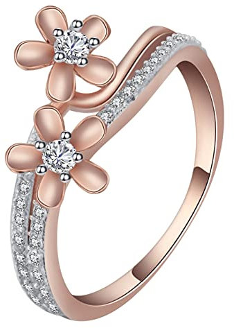 NTALJC Roségoldener Ring, Damen-Ehering-Set, versilberte Blumen mit Zirkonia, Damen-Ringgröße, Valentinstagsgeschenk für Sie, mit Ringbox