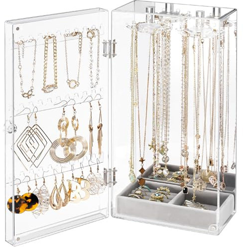 Lolalet Porte Collier Boucle d'Oreille en Acrylique, Boîte Bijoux Transparente pour Collier Boucle d'Oreille, avec Un Plateau en Velours -Transparent Mirror