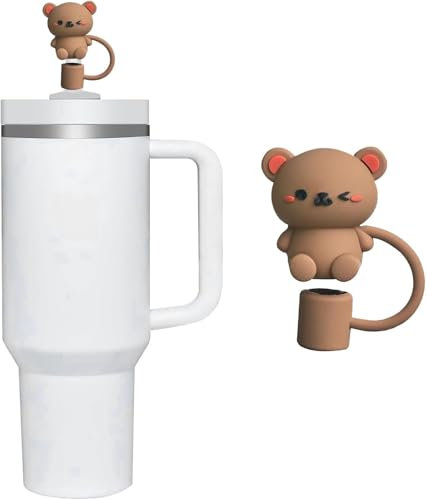 Teddy Bear Straw Cover for Stanley 40&30 Oz Cup, 10mm Cute Silicone Straw Covers Cap for Stanley Cup Accessories, Straw Topper for Tumblers, Straw Cap Stopper for Reusable Straws Tip Lids (Brown)
