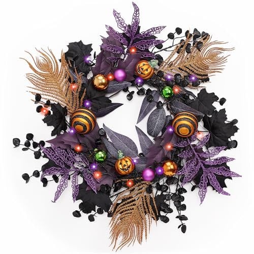 Valery Madelyn 18 inch Halloween Wreath for Front Door, LED Pumpkin Wreath Halloween Decorations for Centerpiece Window Indoor Party Holiday Wall Home Decor