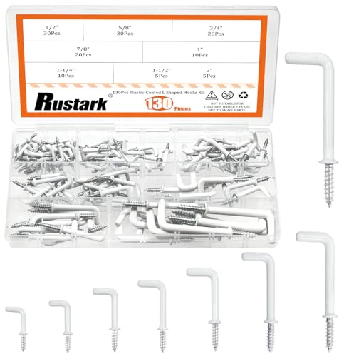 Rustark Kit assortito di ganci a forma di L bianchi in 8 misure, rivestiti in vinile, 7 forme, ganci a vite a forma di tazza, gancio ad angolo retto, ganci a vite autofilettanti, ganci quadrati per