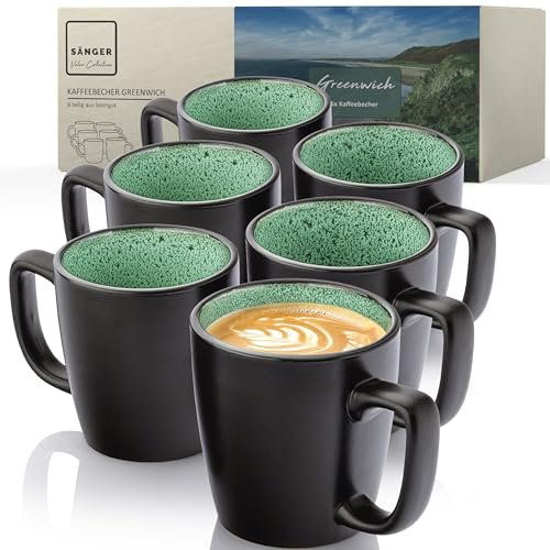 SÄNGER Greenwich | Kaffeebecher 6 Personen, Steingut Kaffeetassen Set 6er, Tassen Teetasse spülmaschinenfest mikrowellenfest, Coffee Mug grün schwarz 430 ml | VALUE COLLECTION