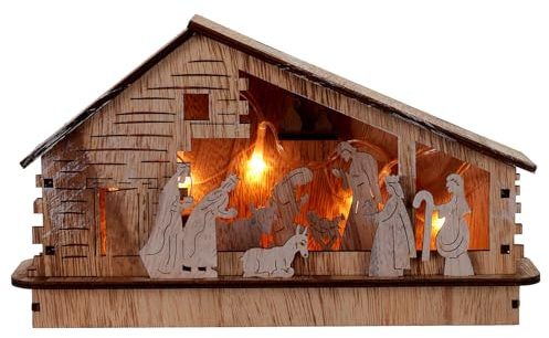 Holyart Casetta presepe Completo Legno con Luce batterie 30x10x20 cm