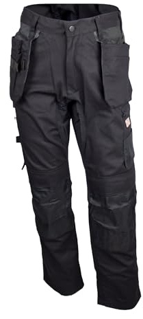Unbreakable Men’s Stretch Work Trousers - Multi-Pocket Trade Pants, 4-Way Stretch Panels, Twin Holster Pockets, Reinforced External Top Loading Knee Pad Pockets, Reinforced Hem, Durable Black