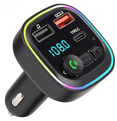 Transmetteur FM Bluetooth 5.0 pour Voiture Adaptateur Allume-Cigare, Charge Rapide Kit Mp3 sans Fil Qc3.0, 2 Ports USB 5 V/3 A Et 1 Port Type-C Appels Mains Libres Prise en Charge des Cartes USB/TF