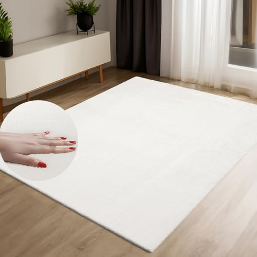 payé Teppich Kurzflor Weiß 120x160 cm waschbar weich rutschfest Wohnzimmer Schlafzimmer Felloptik pflegeleicht flachgewebe modern stilvoll einfarbig