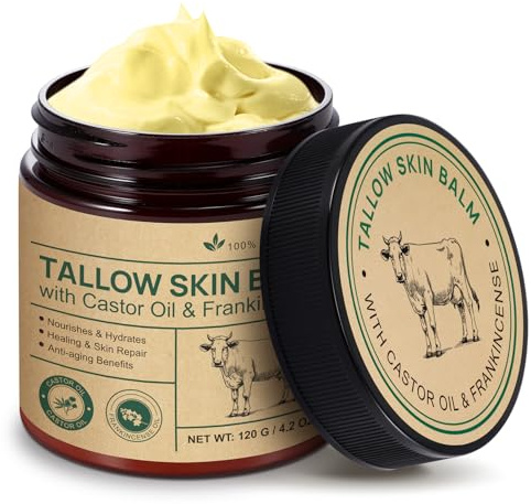 Tallow Creme mit Shea Butter & Rizinusöl 120G - 100% Natürliche Beef Tallow Gesichtscreme für Tiefenfeuchtigkeit - Beruhigende Gesichtscreme gegen Trockenheit, Rötungen und für Barriere Repair