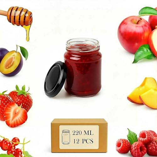 URMONA 12 Stück Marmeladengläser 220 ml mit Schraubdeckel, Einmachgläser | Dessertgläser Joghurt, Honiggläser Gelee, Vorratsgläser Gewürze, Portionsgläser Pesto, Meal Prep Gläser, Babynahrung Vorrat
