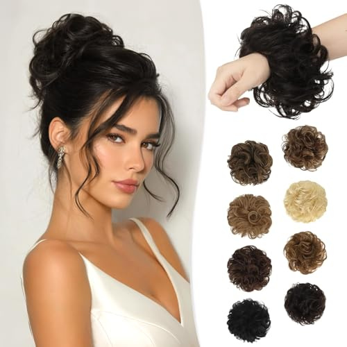 RUWISS Unordentlicher Haarteil 100% Echthaar Rose Dutt für Frauen Echthaar Scrunchies Hochsteckfrisur Haarteile Gelockt Bun Verlängerung (Dunkelbraun)