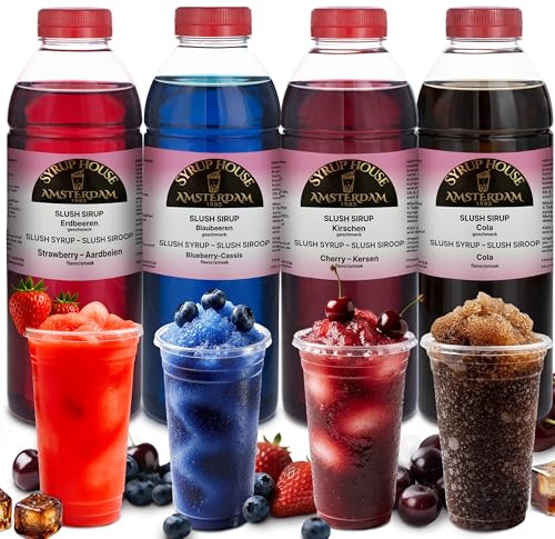 Bacchus Brew Slush Syrup for Ninja Slushie Machine 4×0,75L (1:5) | Strawberry & Cherry & Cola & Blue Raspberry Syrup – Slushy Syrup Pack for Slush Puppy Machine – Slushie Syrup for Slush Maker