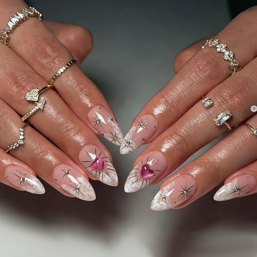 Press on Nails Almond - French Tip Fakse Nails with Glue - 24PCS Fake nails with Golden Glow & Pink Heart - Medium Length Acrylic Stick on Nails - Strong Glue on nails for Women DIY French Manicure