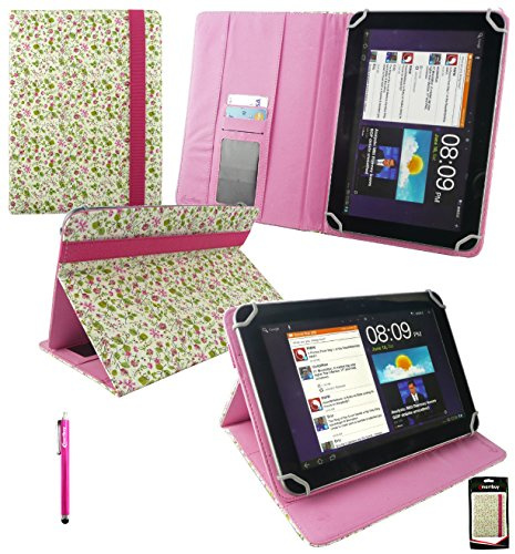 Emartbuy Hot Pink Stylus + Floral Pink/Green Multi Angle Executive Folio Wallet Case Cover With Card Slots Compatible With Tesco Hudl 2 8.3 Inch Wi-Fi Tablet and Selected 8-9 Inch Tablets