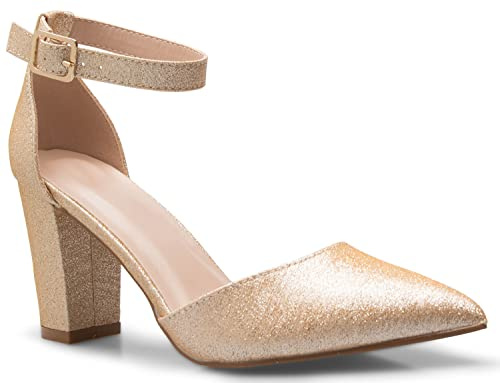 Olivia K Women's Sexy D'Orsay Ankle Strap Pointed Toe Block Heel Pump - Classic, Comfortable (6,Champagne Glitter*, Numeric_6)