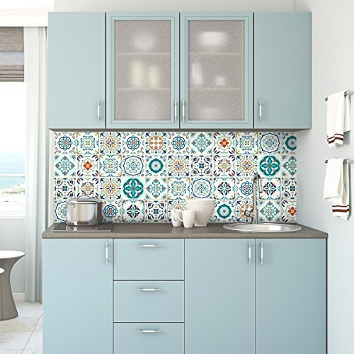 30 Stickers adhésifs carrelages | Sticker Autocollant Carreaux de ciment - Mosaïque carrelage mural salle de bain et cuisine | Carreaux de ciment adhésif mural - azulejos - 15 x 15 cm - 30 pièces