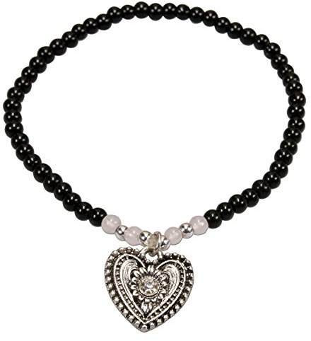 Alpenflüstern Filigran Perlen-Trachten-Armband Trachtenherz - Damen-Trachtenschmuck mit antik-Silber-farbenem Trachten-Herz, elastische Trachten-Armkette, Perlenarmband schwarz DAB055