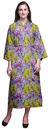 Bimba Yellow Floral Leaves & Begonia Printed Crossover Robes Bridesmaid Getting Ready Shirt Dresses Bathrobes for Women M