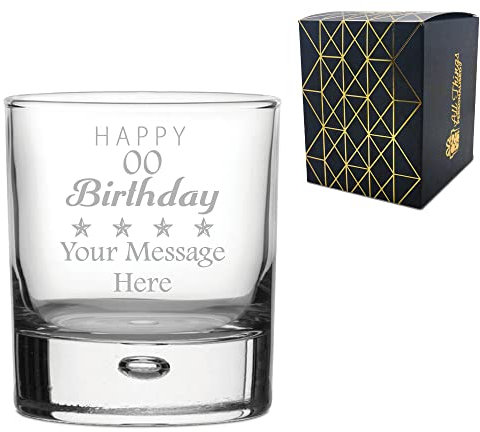 Personalised Engraved Novelty Whiskey Glass with Birthday Design, Gift Boxed, Personalise for Any Birthday, Engraved in The UK, Holds Up to 11.5oz/330ml