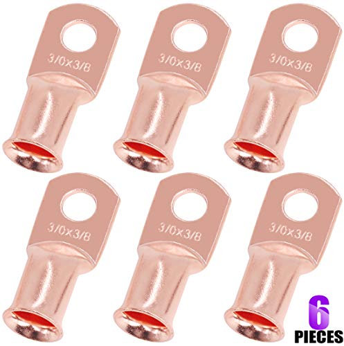 Swpeet 6Pcs 3/0 AWG - 3/8 (M10) Ring Terminals UL Listed Copper Battery Cable Lugs Wire Lugs, Battery Cable Ends Bare Copper Eyelets, Tubular Ring Battery Cable Ends for Enhanced High Temperature