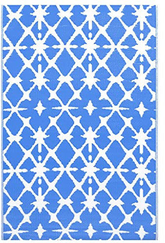 vidaXL Outdoor Teppich Zweischichtiger Jacquard Terrassenteppich Außenteppich Küchenteppich Indoor Terrasse Balkon Flur Küche Bad Blau Weiß 120x180cm PP