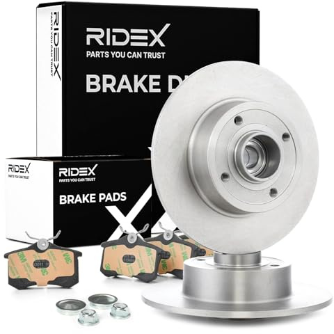 RIDEX 3405B1184 Juego para eje Kit de discos de freno y pastillas Trasero con accesorios con muelle con anillo sensor magnético incorporado con cojinete rueda Compatible con RENAULT