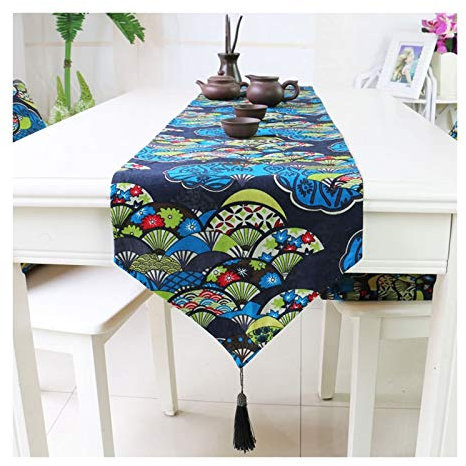 Homxi Tischläufer,32x180CM,Weinlesefächer und Blumenmuster Herbstdeko Tischläufer Leinen Baumwolle,Herbstdeko Tischläufer Blau