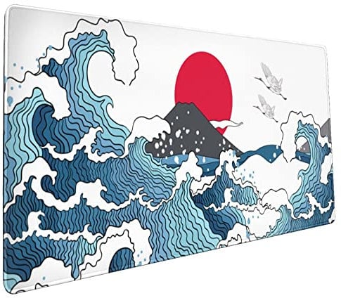 Japanisches Mauspad mit weiß-blauem Wellenmuster, verlängertes großes Mauspad mit Kranichhügel und Sonne, rutschfeste Gummiunterseite, genähten Kanten, wasserdicht, Gaming, Heimbüro, 90 x 40 cm, XXL