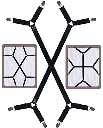 FIBOOMERANG Bed Sheet Clips - Crisscross Fitted Sheet Straps for Bedding, Sheet Grippers and Sheet Holder Elastic Bands Bedsheet Suspenders Fasteners, 2Pcs/Set Black