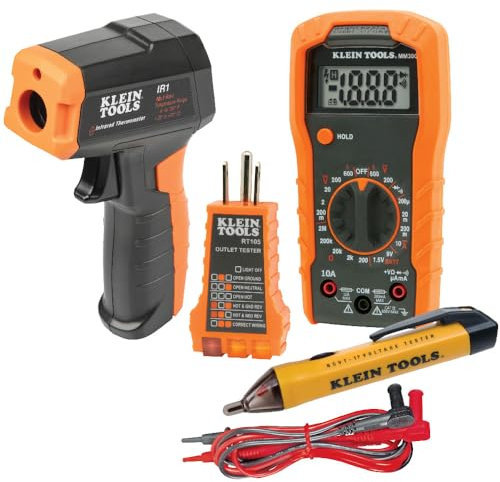 Klein Tools 80067 Electrical Test Kit with IR Digital Thermometer, Multimeter, Non-Contact Voltage Tester Pen and Receptacle Tester, 4-Piece
