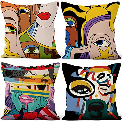 Aoihrraan Kissenbezüge 4er Set, Lustige Graffiti Wurfkissenbezüge Mehrfarbige Frauengesichtsaugen Weicher Kurzer Plüsch Quadrat Kissenbezug für Sofa Couch Schlafzimmer Auto Stuhl Wohnkultur 60x60cm