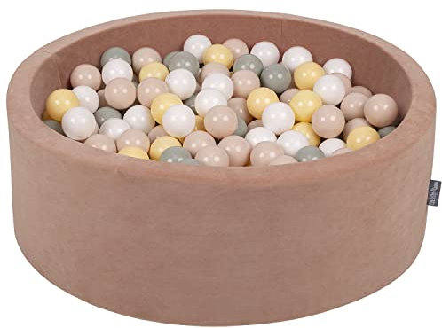 KiddyMoon Rund Bällebad Velvet Bällepool 90X30cm/200 Bälle ∅ 7Cm Ballgruben Für Babys Spielbad Kleinkinder, Hergestellt In Der EU, Wüstenrosa: Pastellbeige/Grüngrau/Pastellgelb/Weiß