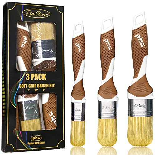 PinStone 3 Pack Professional Paint Brushes Set, 1, 1.5, 2 Synthetic Bristles, Easy-Grip Rubber Handle, Cabinet Paint Brush, Chalk Paint Brush, Paint Brushes for Walls, Smooth Finish