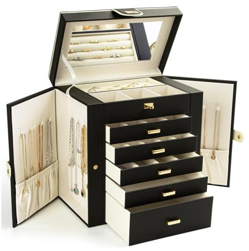 KAMIER Joyero para mujer, organizador de joyas grande de 6 capas con espejo y 5 cajones para anillos, aretes, collares, pulseras, color negro