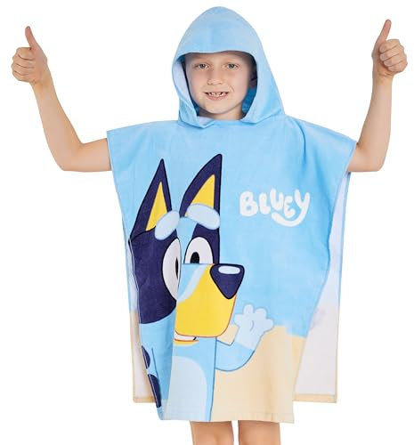 Bluey Accappatoio Poncho Bambini - Poncho Mare Bambina con Cappuccio - Accappatoio Bambina in Spugna Taglia Unica Spiaggia Piscina (Bluey/Bingo)