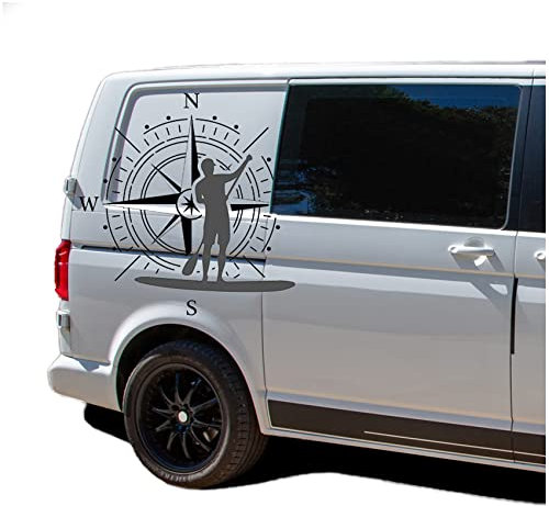 Autoaufkleber Kompass Sport Stand Up Paddle 60x60cm Windrose Sticker Folie für Auto Wohnwagen Anhänger Aufkleber Selbstklebend Kfz Zubehör KX072 KX073 (Kompass schwarz, Stand Up Paddle Grau)