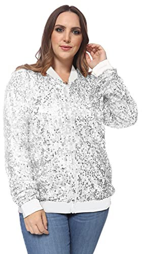 ANNA-KACI Plus Size Langarm Glitzer Pailletten Bomberjacke mit Reißverschluss,Silber,2X-Large