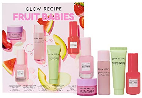 Glow Recipe - Fruit Babies Bestsellers Kit - Mini Travel Size Beauty Essentials - Avocado Foam Cleanser, Niacinamide Dew Drops Serum, Pore-Tight Toner, Salicylic Serum, Hyaluronic Acid Cream (5 Count)