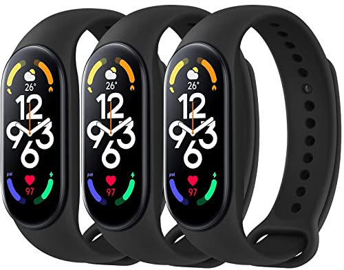 Vancle 3 Stück Armband für Xiaomi Mi Band 7, Weiches Silikon Sport Wasserdicht Ersatzarmband für Xiaomi Mi Band 7 Damen Herren (Schwarz/Schwarz/Schwarz)