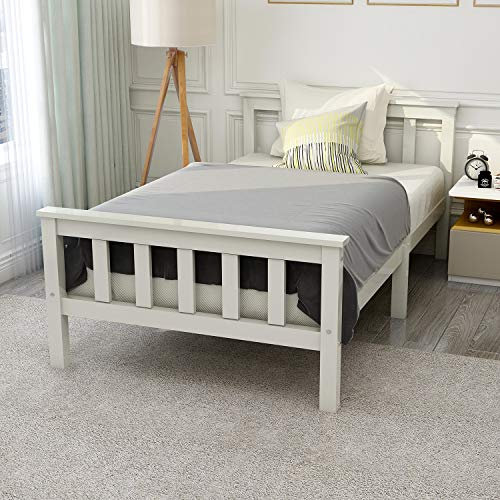 Merax Holzbett Einzelbett, Weiß Massivholz Bettgestell mit Lattenrost und Hohem Kopfteil, Kinderbett Jugendbett Gästebett Rahmen Kiefer (Weiß, 90 * 200cm)
