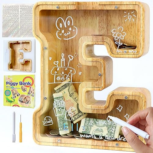Lakpopya Spardose für Kinder Jungen Mädchen - Personalisiert Durchsichtig Mit Buchstabe Holz A-Z, Zielbereich, Aufkleber & Marker - Taufe Geschenk Dekoration (E)