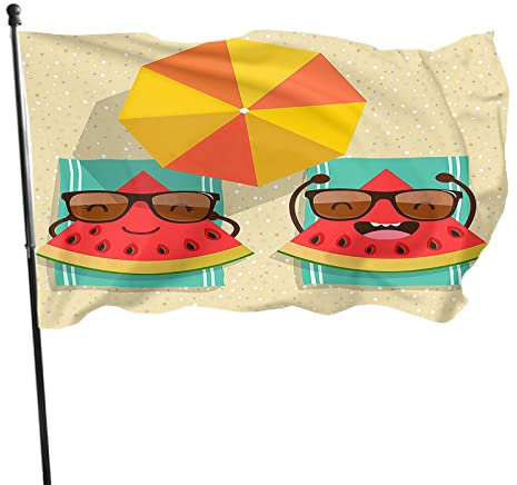 Bandera de sandía de 3 x 5 pies de dibujos animados de verano, rebanada de sandía, sombrilla de sol de playa, gafas de sol, banderas al aire libre, pancartas de bienvenida grandes, decoración