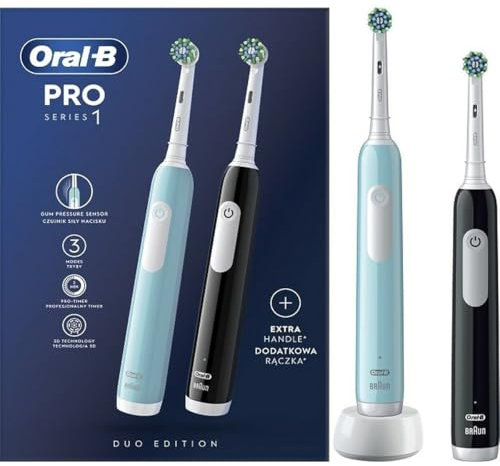Oral-B Pro Serie 1 Elektrische Bürste, 2er Set, Hergestellt in Braun Technologie, 2 Bürstendücher, Blau und Schwarz