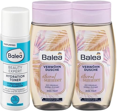 Balea 3er-Set Hautpflege: Beauty Expert Hydration Toner beruhigendes Gesichtswasser unterstützt die Feuchtigkeitsbalance & Hautbarriere (100 ml) + Duschgel Eternal Summer Hibiskus (2 × 250 ml), 600 ml