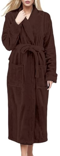 Coral Velvet Pyjama für Frauen UK Thermo-Nachthemd Einfarbig Kapuzenlose Wintertasche Verdickter Flanell Langarm Bademantel Homewear Warm Dickes Nachthemd Leicht Weich Lange Nachtwäsche, coffee, 46