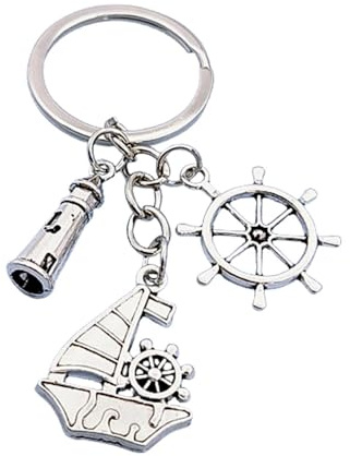 Porte-Clés Bateau, Avec ou Sans Prénom, Personnalisable, Original, Mer, Océan, Pêche, Bateau à Voile + Phare + Gouvernail, Bijou de Sac, Porte-Clef pour Homme et Femme