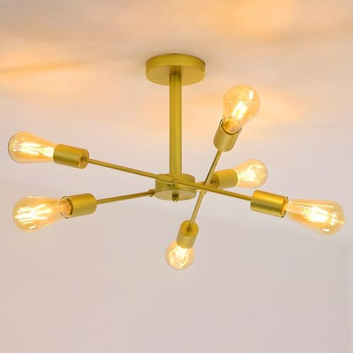 NIUNIAJ Deckenlampe Vintage 6 Flammig Deckenlampe Gold E27 Deckenleuchte Industrial Schlafzimmerlampe Deckenleuchte für Wohnzimmer Esszimmer Schlafzimmer(ohne Leuchtmittel)