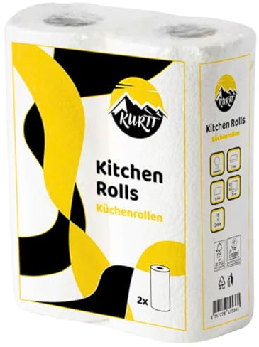 KURTT - 32 Rollen Küchenrolle, 50 Blatt pro Rolle Küchenrollen 2-lagig, Küchenpapier klar weiß, Handtuchrolle aus 100% Zellstoff, Haushaltspapier, Küche Krepppapier