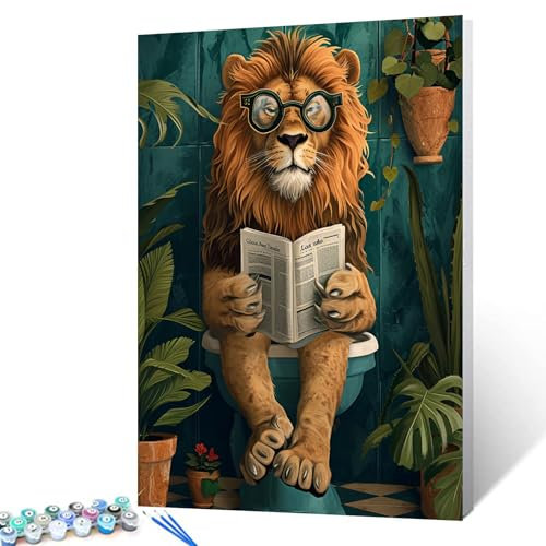 Tucocoo Lustiges Malen-nach-Zahlen-Set für Badezimmer, Motiv: Löwe, 40x50cm, Leinwand, DIY-Ölgemälde für Erwachsene mit Pinseln und Acryl-Pigmenten, Tier-WC, Tropische Pflanze Bild für Heimdekoration